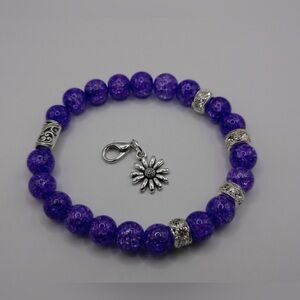 Purple Crackled Quartz Gemstone Bracelet With Silvery Flower Charm